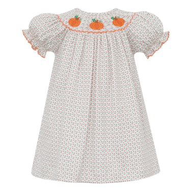 Petit Bebe - Pumpkins Girls Orange Knit Tiny Floral Print Bishop Dress
