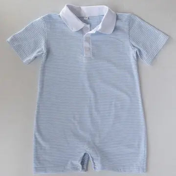 Huckleberry Hill Kids - Blue & White Stripe Short Sleeve Polo Romper