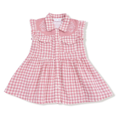Angel Dear - Howdy Embroidered Western Pearl Snap Dress - Rose Pink Plaid