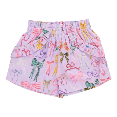 Pink Chicken - Girls Ruffle Theodore Short - Lavendar Watercolor Bows