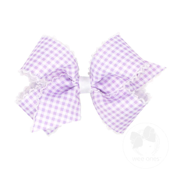Wee Ones - Medium  Grosgrain Pastel Gingham Print With Moonstitch Trimmed Girls Hair Bow - Light Orchid
