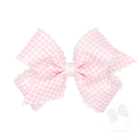 Wee Ones - Medium Grosgrain Pastel Gingham Print With Moonstitch Trimmed Girls Hair Bow - Light Pink