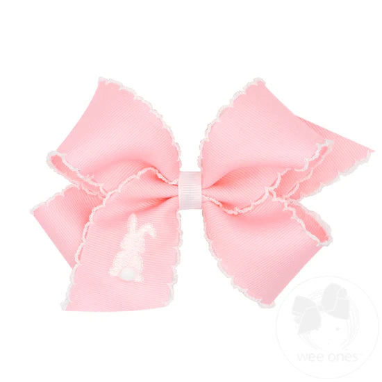 Wee Ones - Medium White Grosgrain Girls Hair Bow with Moonstitch Edge and Easter Embroidery - White Bunny