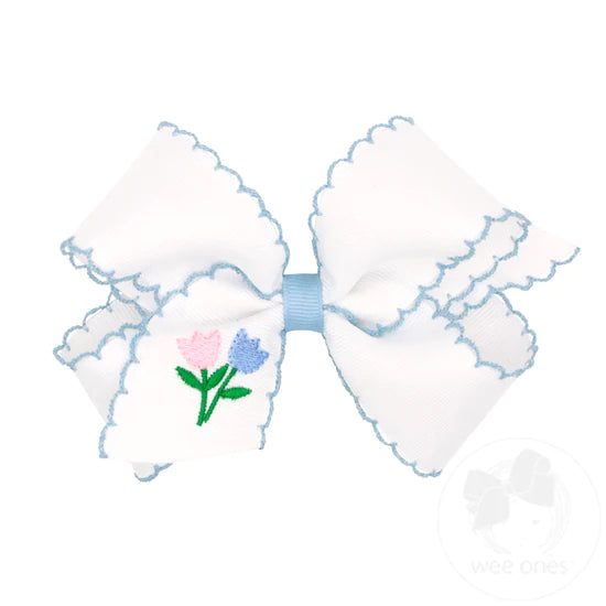 Wee Ones - Medium White Grosgrain Girls Hair Bow with Moonstitch Edge and Easter Embroidery - Tulip