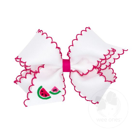 Wee Ones - King Grosgrain Hair Bow with Moonstitch Edge and Summer-themed Embroidery- Watermelon