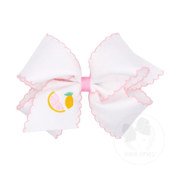 Wee Ones -King Grosgrain Hair Bow with Moonstitch Edge and Summer-themed Embroidery - Lemon