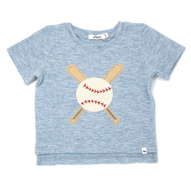 Oh Baby - Baseball Appliqué Cotton Slub Raw Edge Tee - Fog Heather