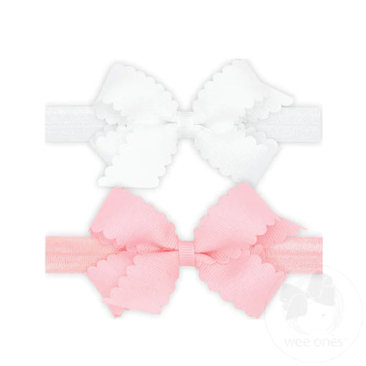 Wee Ones - Two Mini Scallop Girls Hair Bows With Bands - White and Light Pink