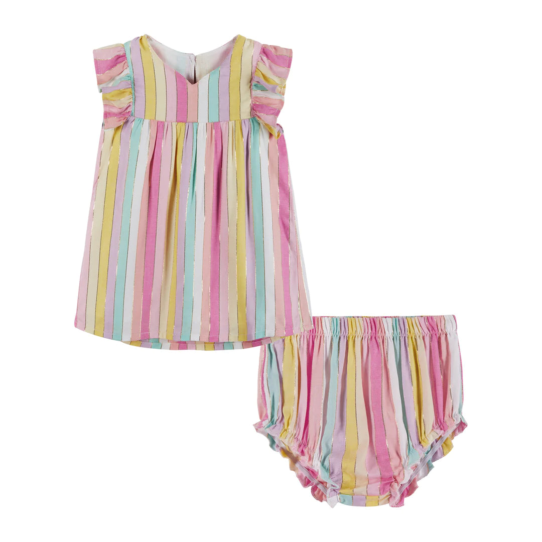 Andy and Evan - Baby Striped Lurex Sundress & Bloomer Set | Yellow